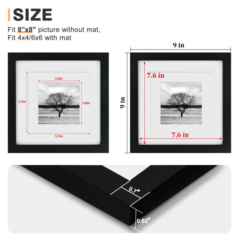 Egofine 8x8 Picture Frames 4 PCS - Made of Solid Wood Covered by Plexiglass Display 4x4/6x6 with Mat or 8x8 without Mat, for Table Top Display and Wall Mounting Photo Frame Black - Image 3